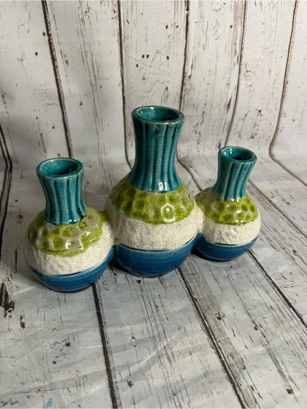 Three Flower Bud Vase Cluster Teal Multiple Colors Textured Pottery